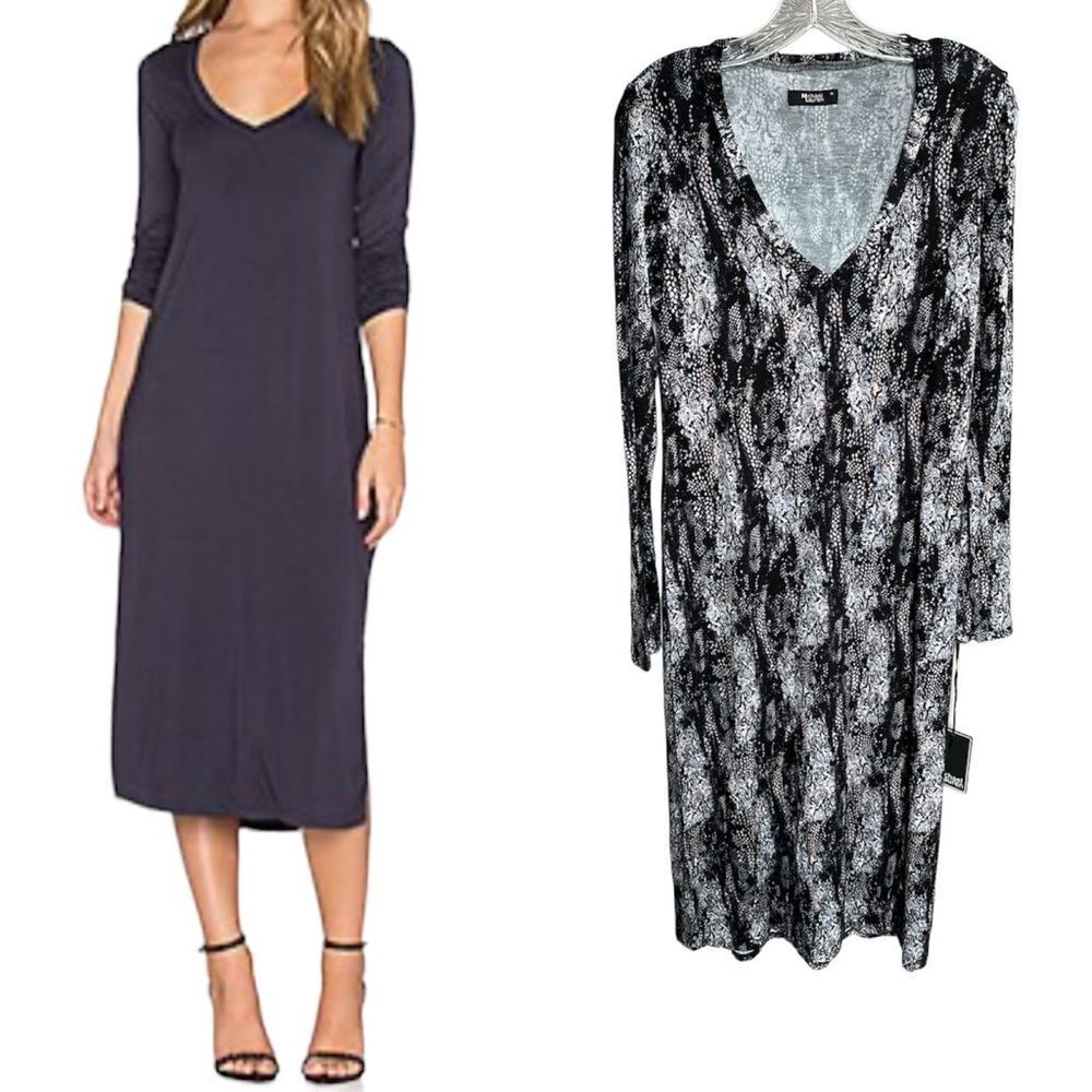 NWT Michael Lauren Rivera Long Sleeve V Neck Midi 3/4 Length Side Slit Dress M